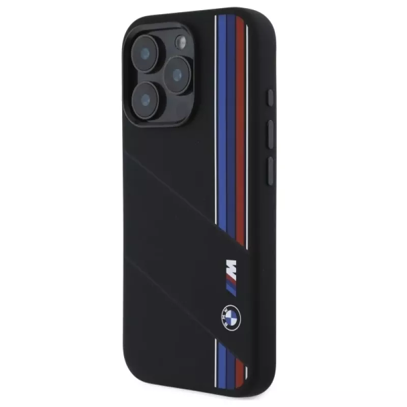 Capa rígida de silicone BMW M Collection Cut Tricolor Lines MagSafe para Apple iPhone 16 Pro Max 6,9 polegadas preta