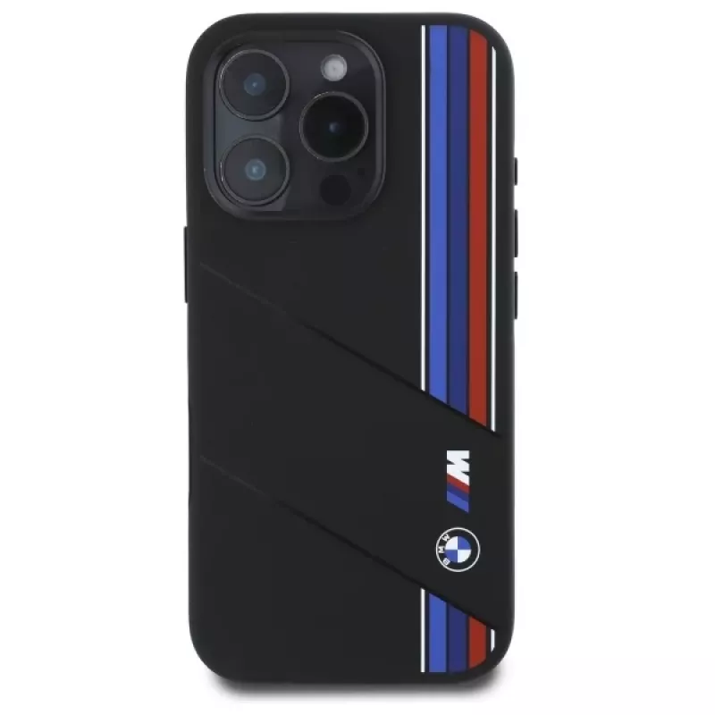 Capa rígida de silicone BMW M Collection Cut Tricolor Lines MagSafe para Apple iPhone 16 Pro Max 6,9 polegadas preta