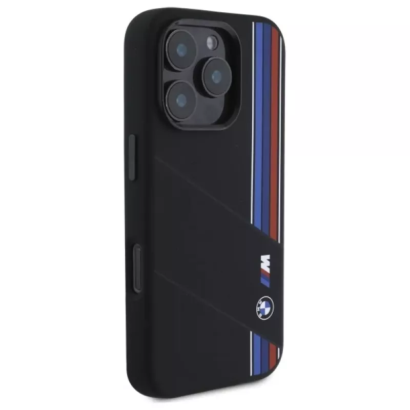 Capa rígida de silicone BMW M Collection Cut Tricolor Lines MagSafe para Apple iPhone 16 Pro Max 6,9 polegadas preta