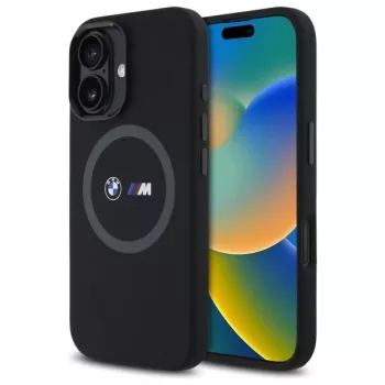 Capa traseira de silicone BMW M Collection para Apple iPhone 16 6,1 polegadas preta com MagSafe e anel impresso