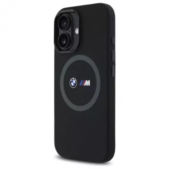 Capa traseira de silicone BMW M Collection para Apple iPhone 16 6,1 polegadas preta com MagSafe e anel impresso