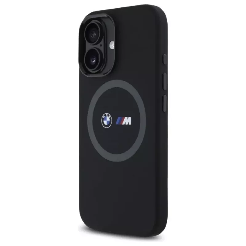 Capa traseira de silicone BMW M Collection para Apple iPhone 16 6,1 polegadas preta com MagSafe e anel impresso
