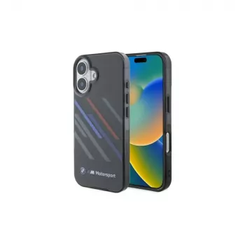 Capa rígida BMW BMHCP16M23HTRAK para iPhone 16 Plus 6,7 inch preta Motorsport IML Random Stripes