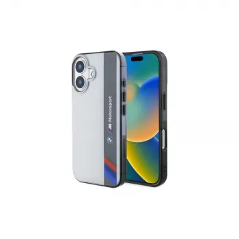 Capa rígida BMW BMHCP16S23HTFEG para iPhone 16 6,1 inch cinzenta Motorsport IML Vertical Stripe