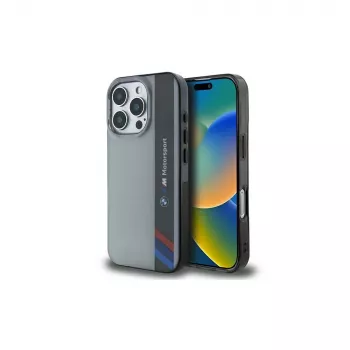 Capa rígida BMW Motorsport para Apple iPhone 16 Pro 6,3 inch cinzenta IML Vertical Stripe