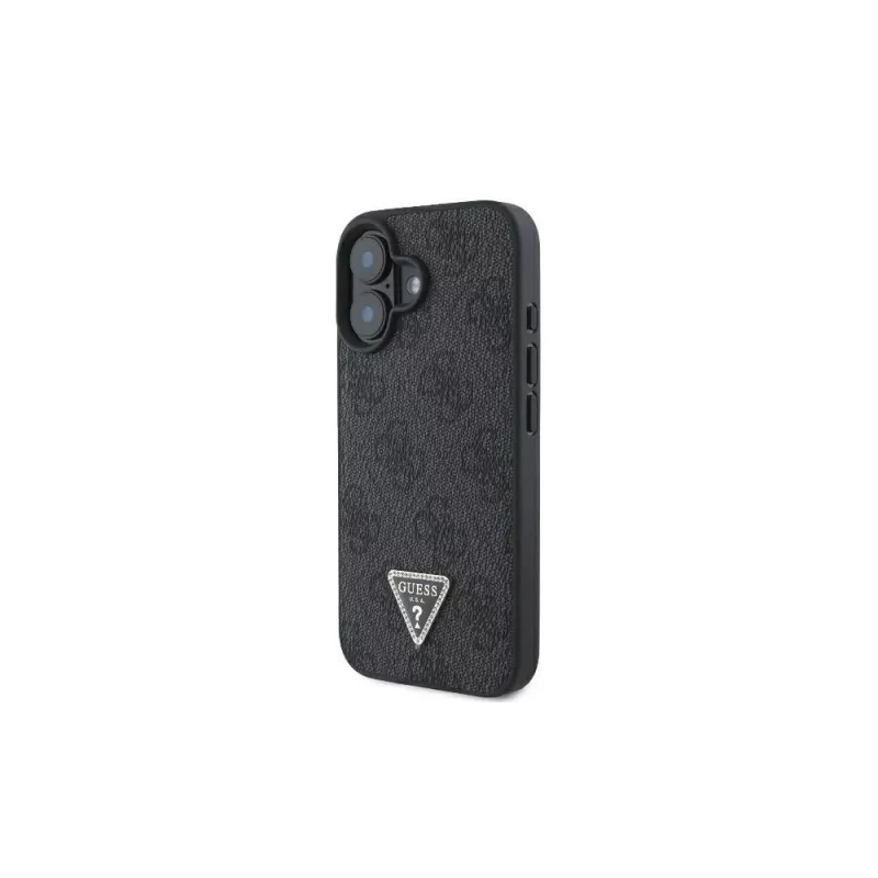 Capa rígida Guess GUHCP16SP4TDSCPK para iPhone 16 em pele com logótipo metálico, strass e alça transversal preta