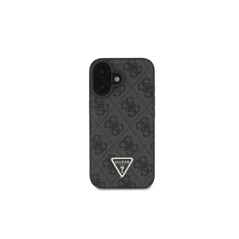 Capa rígida Guess GUHCP16SP4TDSCPK para iPhone 16 em pele com logótipo metálico, strass e alça transversal preta
