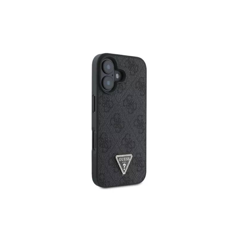 Capa rígida Guess GUHCP16SP4TDSCPK para iPhone 16 em pele com logótipo metálico, strass e alça transversal preta
