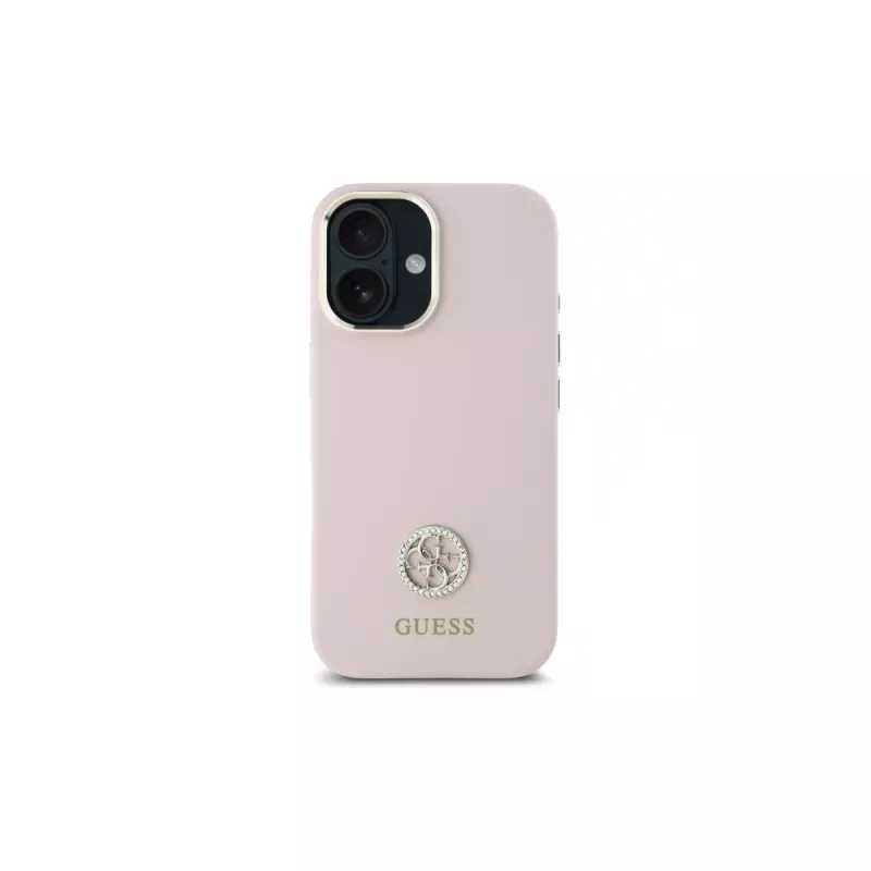 Capa rígida Guess GUHCP16SM4DGPP em silicone com logótipo strass 4G para Apple iPhone 16 6,1
