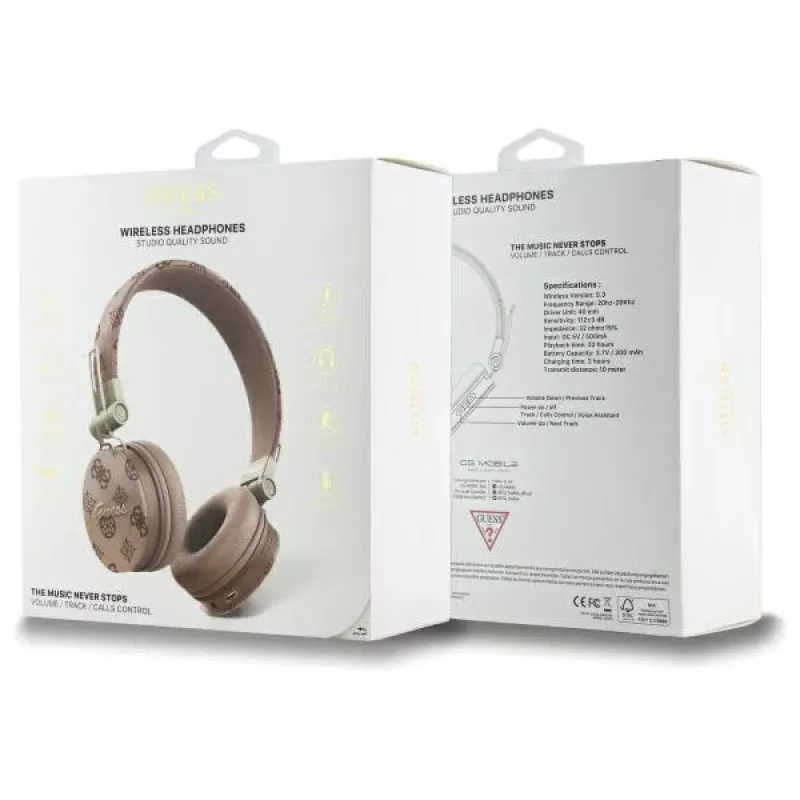 Auscultadores Guess Peony Script de forma redonda sem fios over-ear com ENC, castanhos