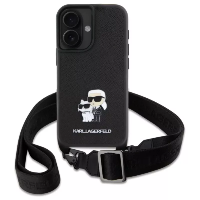 Karl Lagerfeld Saffiano Karl & Choupette Metal Pin CBDY Strap Capa rígida para iPhone 16 6.1, preto