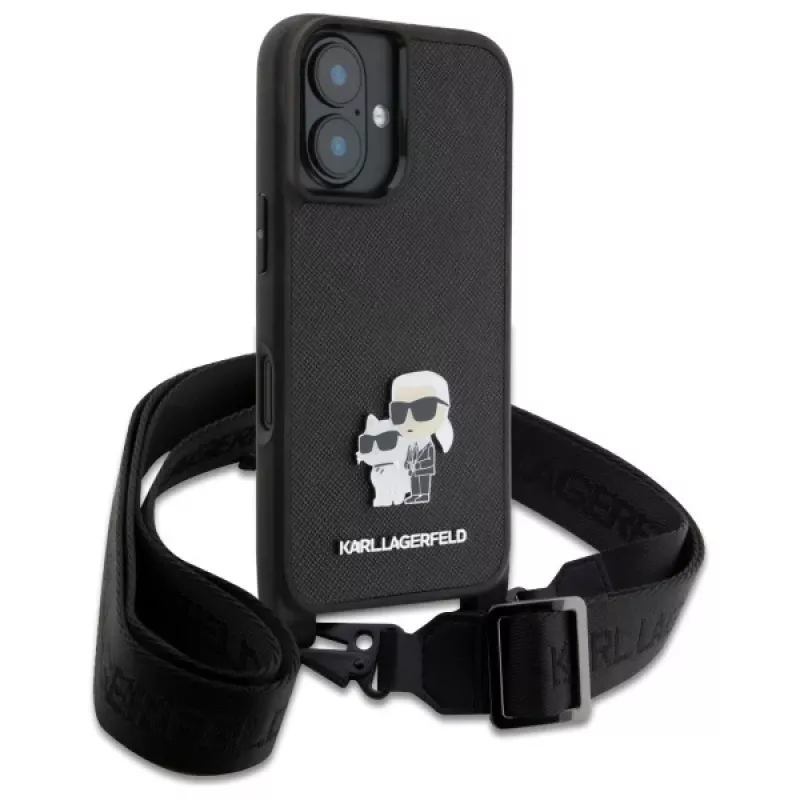 Karl Lagerfeld Saffiano Karl & Choupette Metal Pin CBDY Strap Capa rígida para iPhone 16 6.1, preto