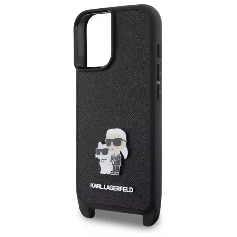 Karl Lagerfeld Saffiano Karl & Choupette Metal Pin CBDY Strap Capa rígida para iPhone 16 6.1, preto