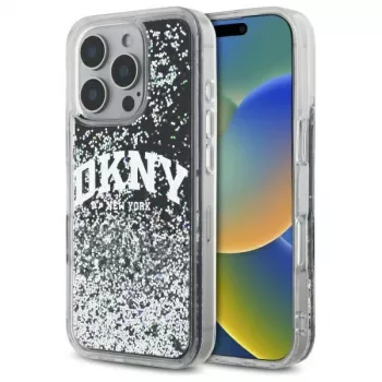 DKNY DKHCP16LLBNAEK Capa rígida para iPhone 16 Pro 6,3 polegadas preto Liquid Glitter Arch Logo
