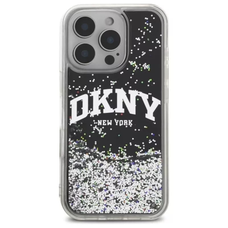 DKNY DKHCP16LLBNAEK Capa rígida para iPhone 16 Pro 6,3 polegadas preto Liquid Glitter Arch Logo