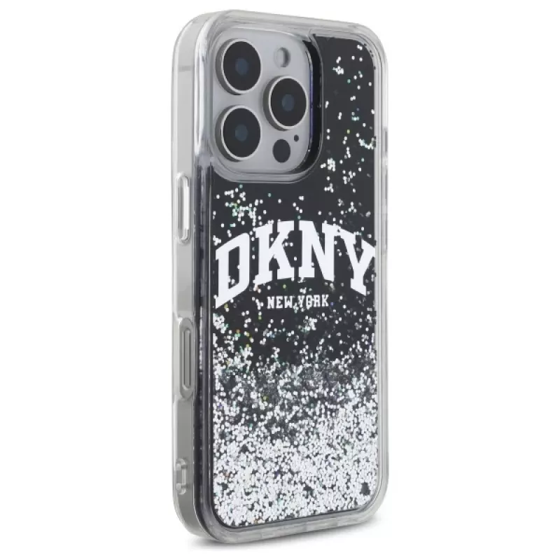 DKNY DKHCP16XLBNAEK Capa rígida para iPhone 16 Pro Max 6,9 polegadas Liquid Glitter Arch Logo preto