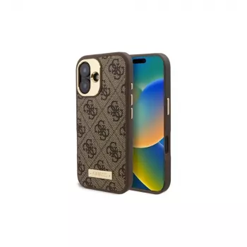 Guess GUHMP16SU4GPRW iPhone 16 6,1 polegadas castanho capa rígida 4G Logo Plate MagSafe