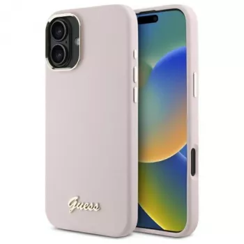 Guess GUHCP16SSMBSLP iPhone 16 6,1 polegadas rosa capa rígida silicone com logótipo metálico Script e moldura
