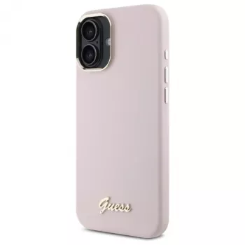 Guess GUHCP16SSMBSLP iPhone 16 6,1 polegadas rosa capa rígida silicone com logótipo metálico Script e moldura