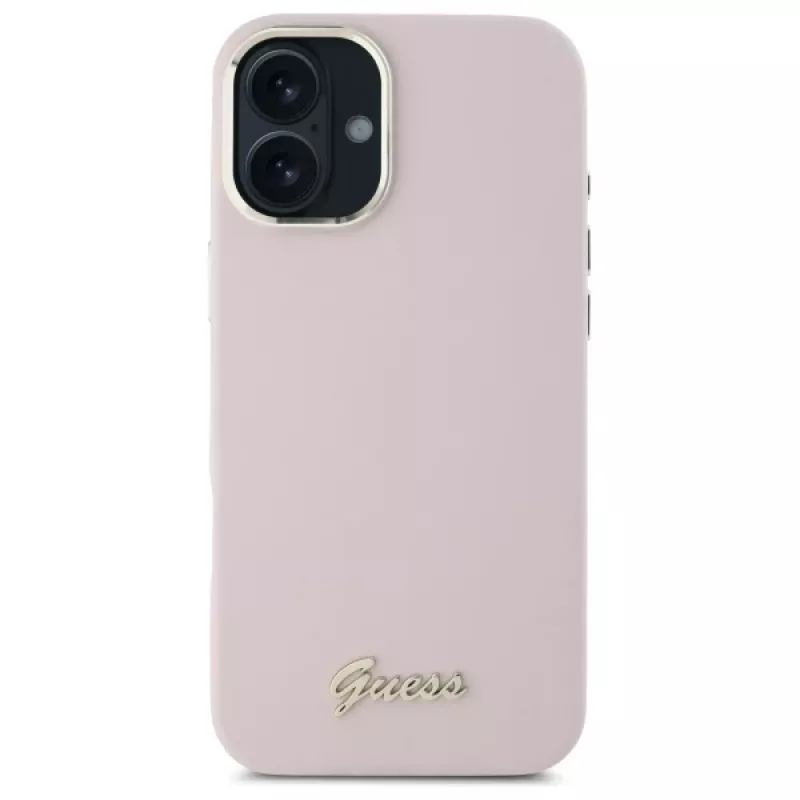 Guess GUHCP16SSMBSLP iPhone 16 6,1 polegadas rosa capa rígida silicone com logótipo metálico Script e moldura