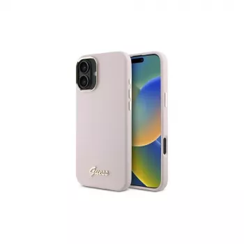 Guess GUHCP16MSMBSLP iPhone 16 Plus 6,7 polegadas rosa capa rígida silicone com logótipo metálico Script e moldura