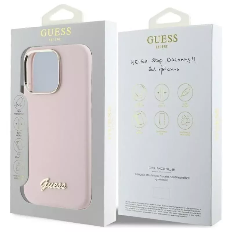 Guess GUHCP16LSMBSLP iPhone 16 Pro 6,3 polegadas rosa capa rígida silicone com logótipo metálico Script e moldura