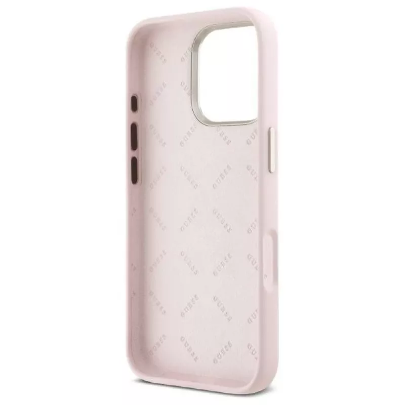 Guess GUHCP16LSMBSLP iPhone 16 Pro 6,3 polegadas rosa capa rígida silicone com logótipo metálico Script e moldura