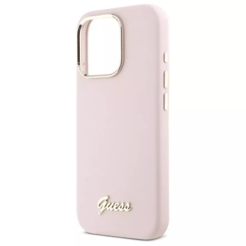 Guess GUHCP16LSMBSLP iPhone 16 Pro 6,3 polegadas rosa capa rígida silicone com logótipo metálico Script e moldura