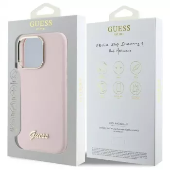 Guess GUHCP16XSMBSLP iPhone 16 Pro Max 6,9 polegadas rosa capa rígida silicone com logótipo metálico Script e moldura