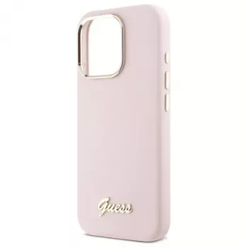 Guess GUHCP16XSMBSLP iPhone 16 Pro Max 6,9 polegadas rosa capa rígida silicone com logótipo metálico Script e moldura