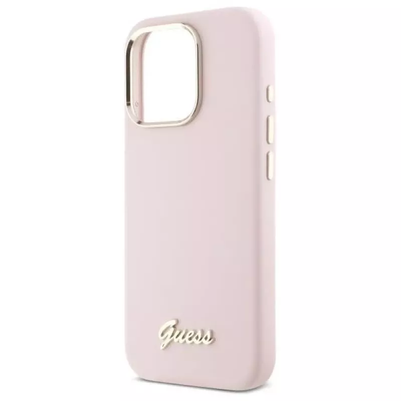Guess GUHCP16XSMBSLP iPhone 16 Pro Max 6,9 polegadas rosa capa rígida silicone com logótipo metálico Script e moldura