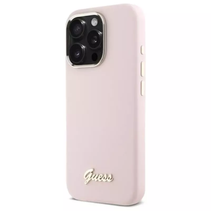Guess GUHCP16XSMBSLP iPhone 16 Pro Max 6,9 polegadas rosa capa rígida silicone com logótipo metálico Script e moldura