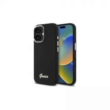 Guess GUHCP16SSMBSLK iPhone 16 6,1 polegadas capa silicone preta com logótipo metálico Script e moldura