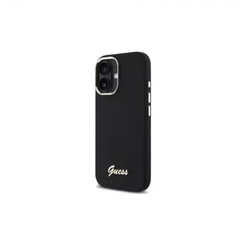 Guess GUHCP16SSMBSLK iPhone 16 6,1 polegadas capa silicone preta com logótipo metálico Script e moldura