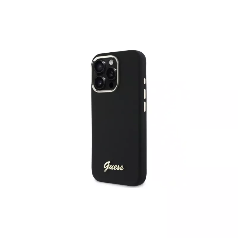 Guess GUHCP16LSMBSLK iPhone 16 Pro 6,3 polegadas preto capa rígida silicone Script Metal Logo & Frame