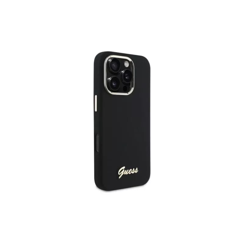 Guess GUHCP16LSMBSLK iPhone 16 Pro 6,3 polegadas preto capa rígida silicone Script Metal Logo & Frame