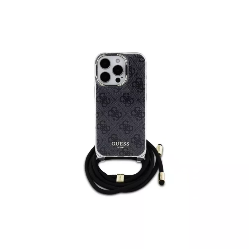 Guess GUHCP16LHC4SEK iPhone 16 Pro capa rígida Crossbody Cord 4G Print Preto