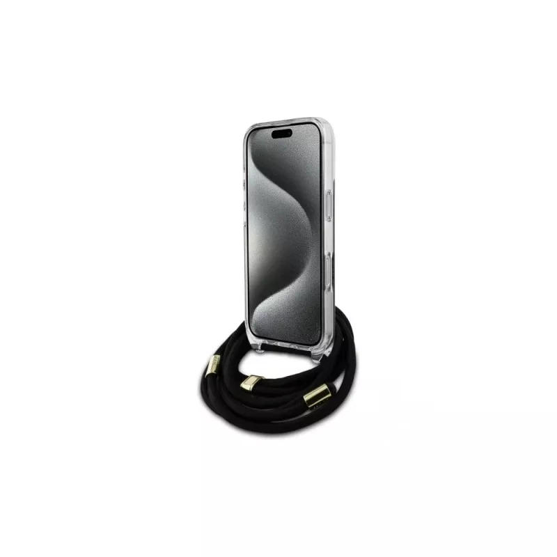 Guess GUHCP16LHC4SEK iPhone 16 Pro capa rígida Crossbody Cord 4G Print Preto