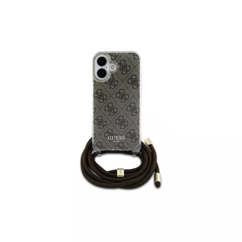 Guess GUHCP16SHC4SEW iPhone 16 6.1 capa rígida Crossbody Cord 4G Print Castanho