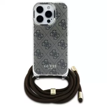 Guess GUHCP16LHC4SEW iPhone 16 Pro capa rígida Crossbody Cord 4G Print Castanho