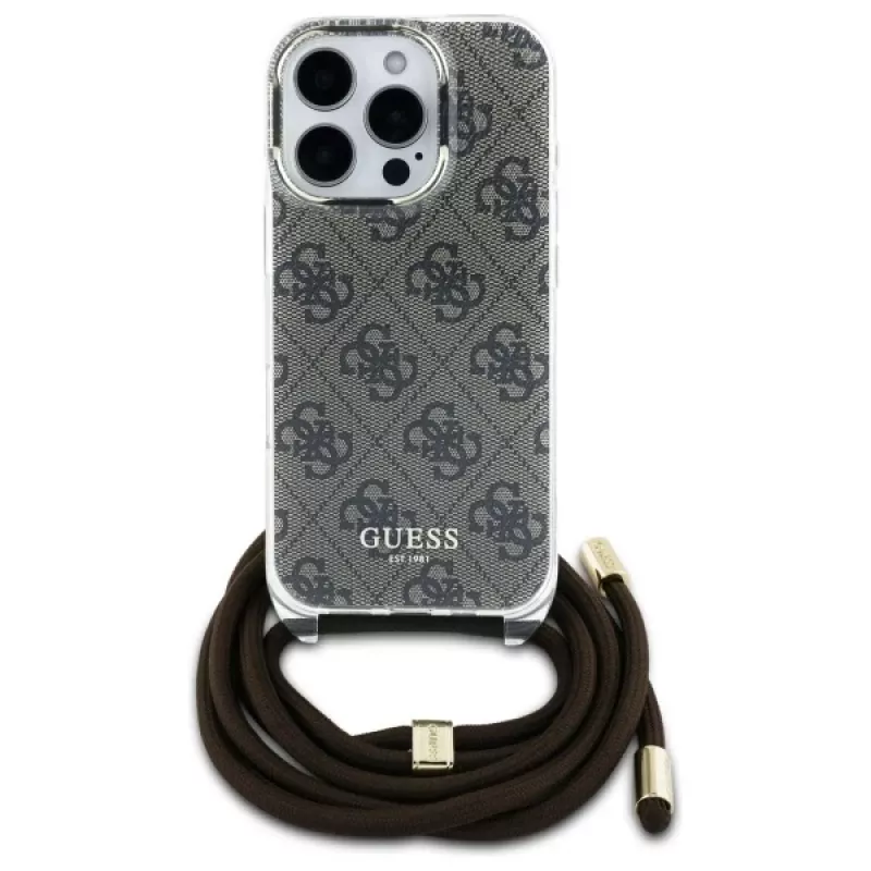 Guess GUHCP16LHC4SEW iPhone 16 Pro capa rígida Crossbody Cord 4G Print Castanho