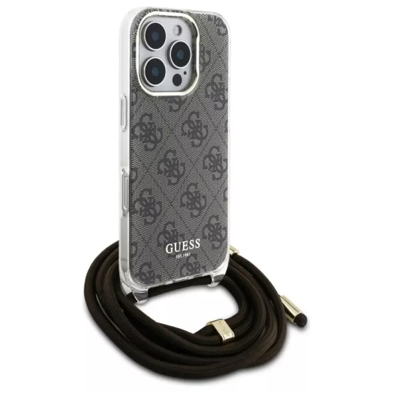 Guess GUHCP16LHC4SEW iPhone 16 Pro capa rígida Crossbody Cord 4G Print Castanho