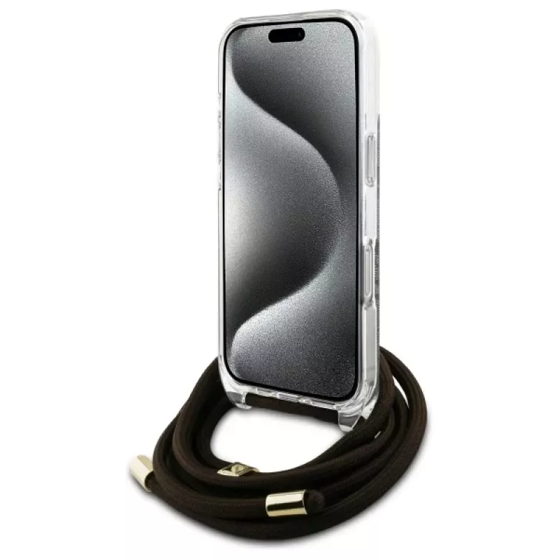 Guess GUHCP16LHC4SEW iPhone 16 Pro capa rígida Crossbody Cord 4G Print Castanho