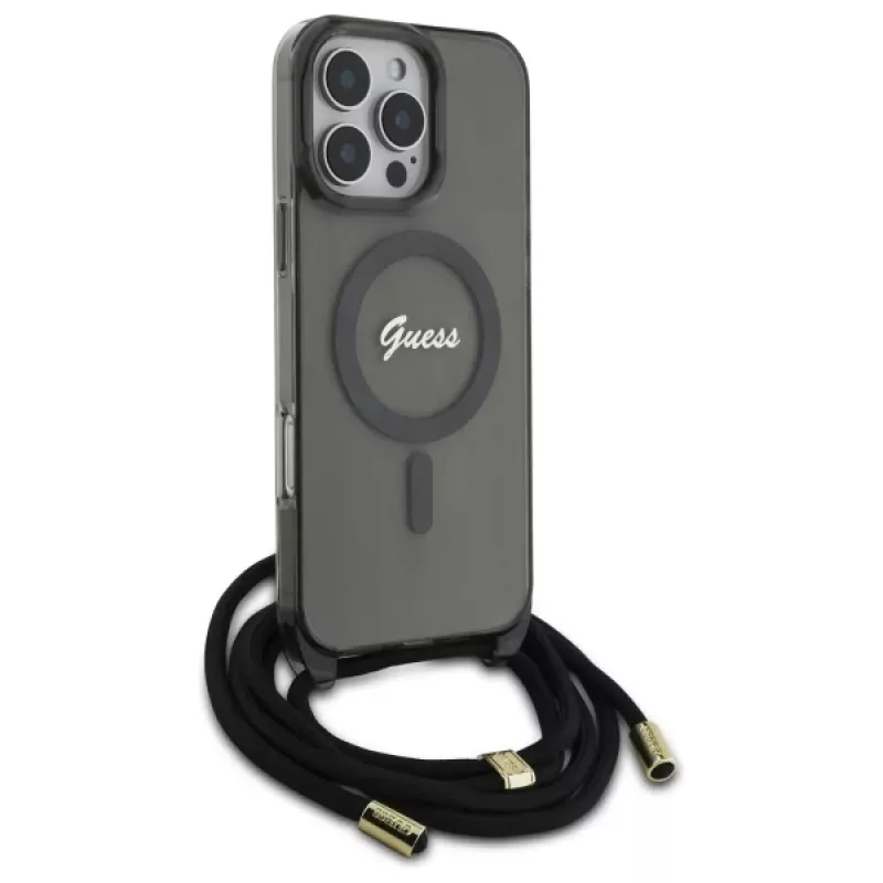 Guess GUHMP16LHCTSGNSK iPhone 16 Pro 6.3 capa rígida Crossbody Cord Script MagSafe Preto