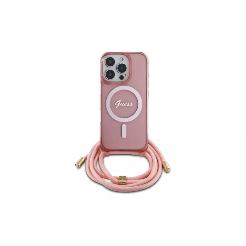 Guess GUHMP16LHCTSGNSP iPhone 16 Pro 6,3 inch Rosa capa rígida Crossbody Cord Script MagSafe