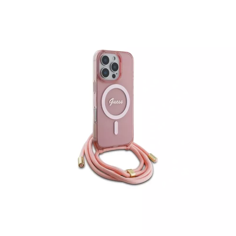 Guess GUHMP16LHCTSGNSP iPhone 16 Pro 6,3 inch Rosa capa rígida Crossbody Cord Script MagSafe