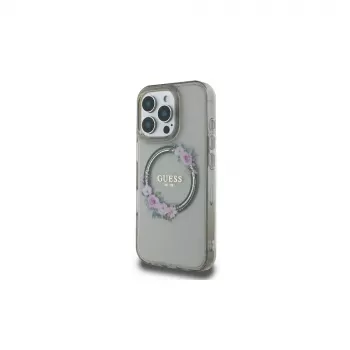 Guess GUHMP16LHFWFCK iPhone 16 Pro capa rígida IML Flowers Wreath MagSafe Preto