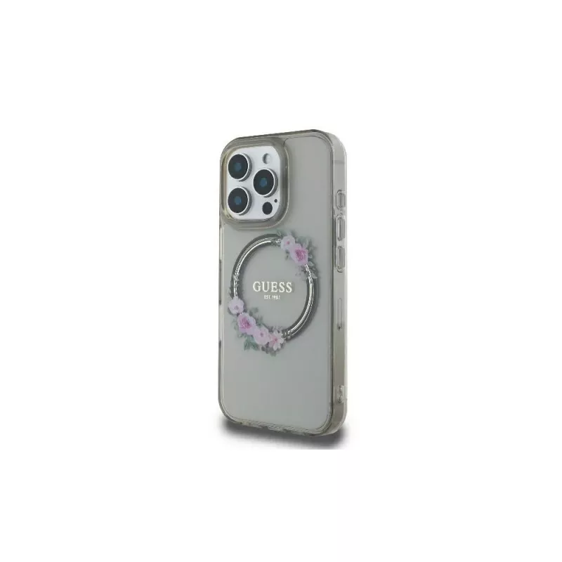 Guess GUHMP16LHFWFCK iPhone 16 Pro capa rígida IML Flowers Wreath MagSafe Preto