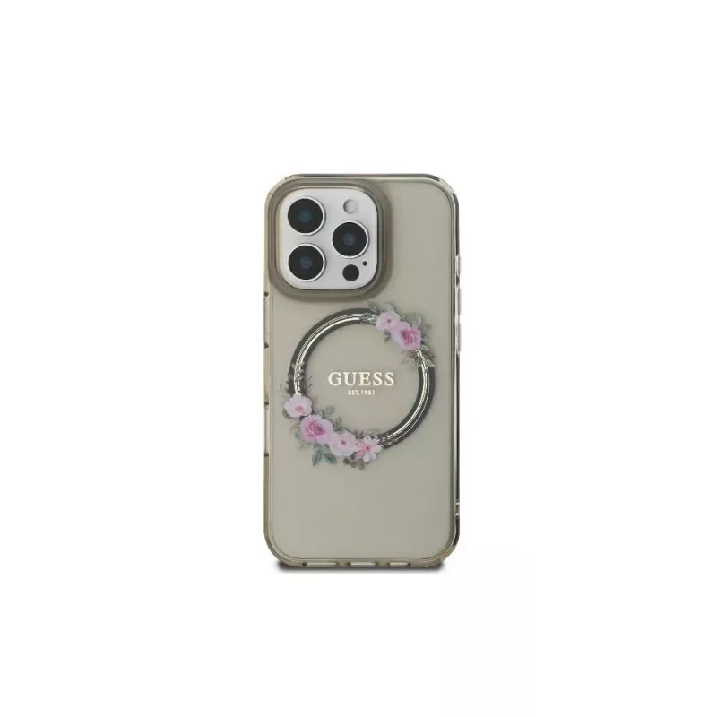 Guess GUHMP16LHFWFCK iPhone 16 Pro capa rígida IML Flowers Wreath MagSafe Preto