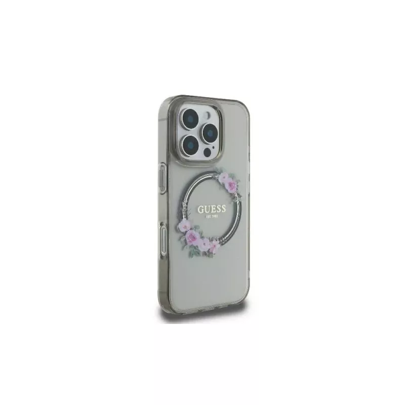 Guess GUHMP16LHFWFCK iPhone 16 Pro capa rígida IML Flowers Wreath MagSafe Preto
